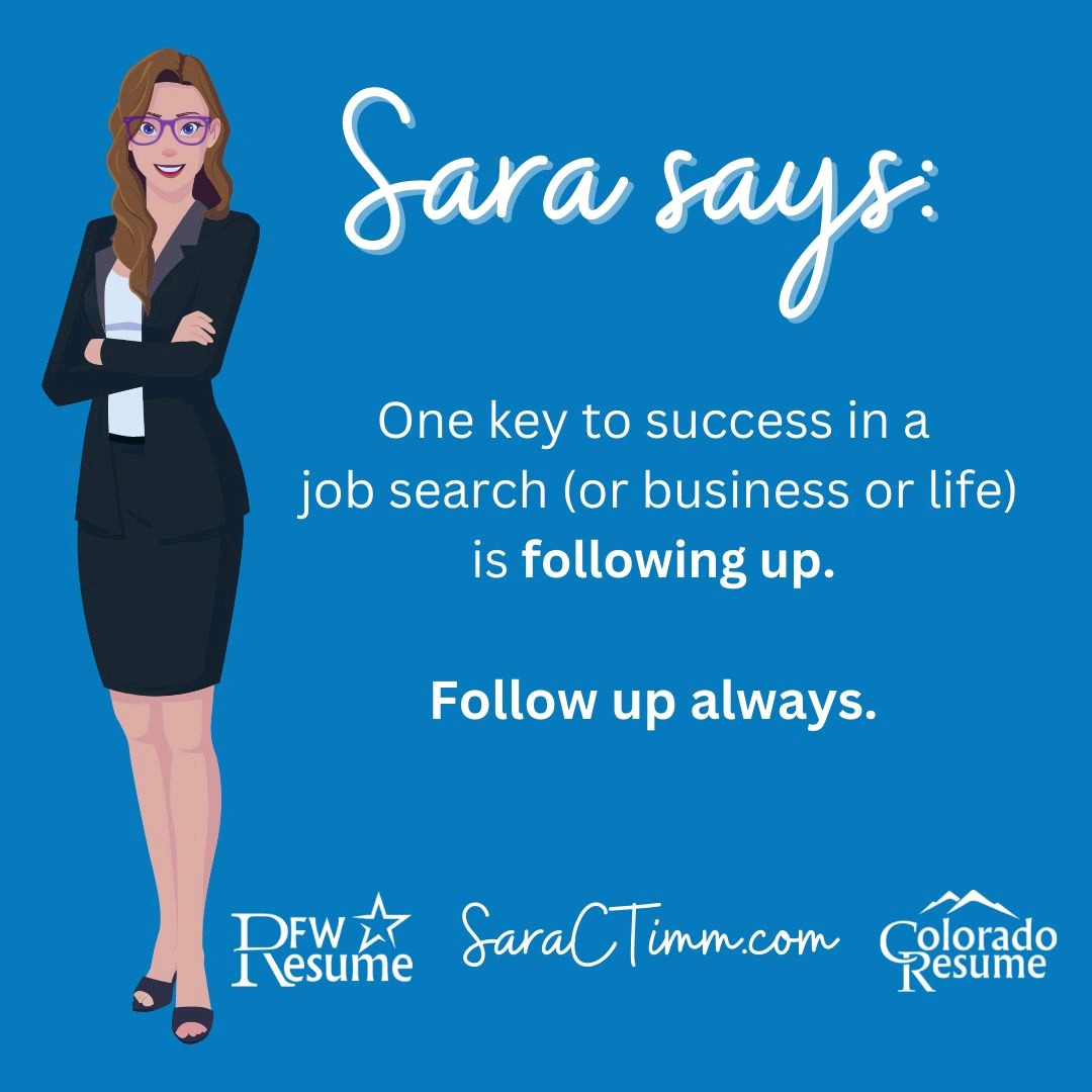 SaraCTimm's tweet photo. Why is following up important?
#Followingup:
✔ Shows you are invested and proactive.
✔ Provides an opening to build a relationship.
✔ Makes you stand out from the competition. 
I always recommend clients send a #thankyounote following #interviews; it works!
#SaraSays #followup https://t.co/HSLWZnxEdp
