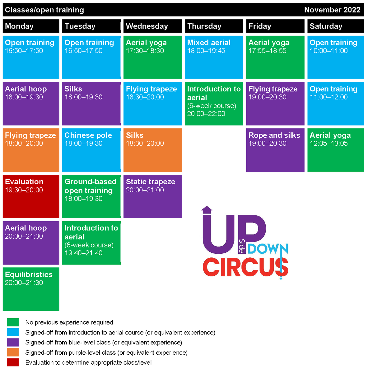 Some great classes coming up in November. We have a new #aerialyoga class starting on Saturdays and our next #introtoaerial course will be starting on November 1. Email info@upsidedowncircus.co.uk for more information and to book