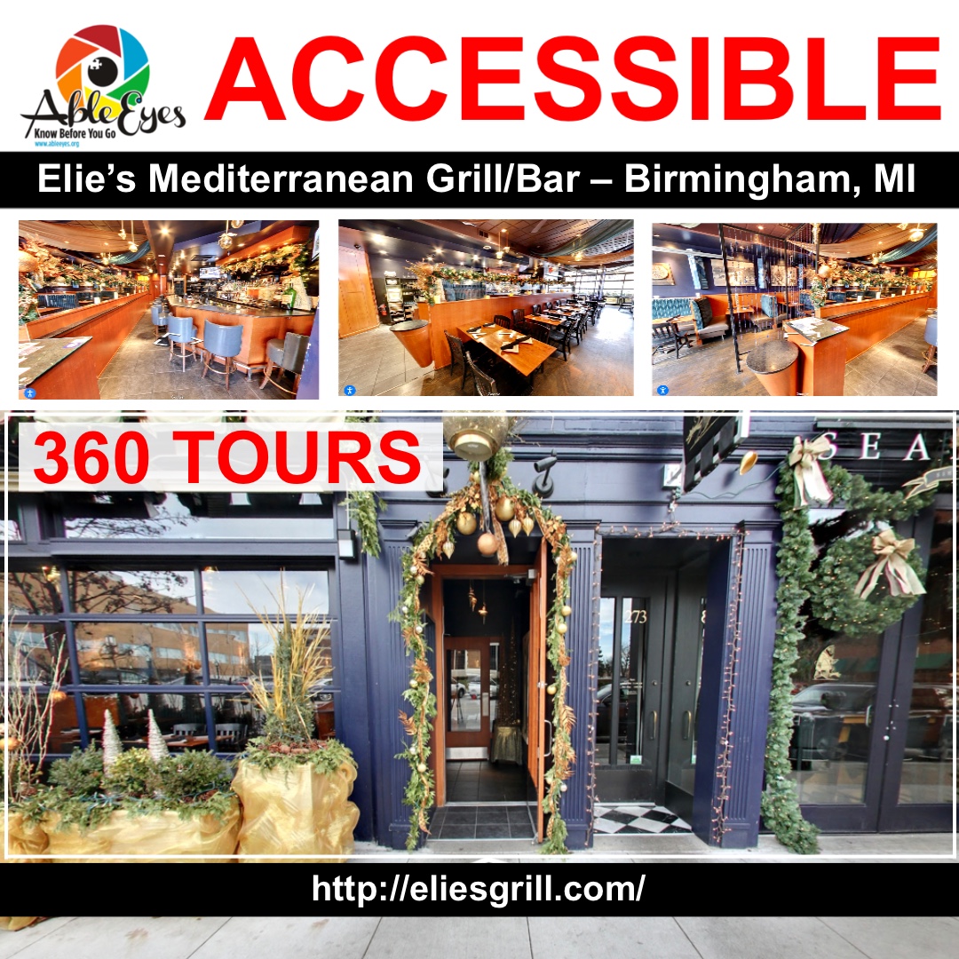 GoAbleVu's tweet photo. Elie’s Mediterranean Grill/Bar – Birmingham, MI. Elie’s opened in Birmingham in the early 1990s.  @ableeyes.org/virtual-tours/elies-mediterranean-grill-bar-birmingham-mi/ #AbleEyesAccessible #AbleEyes #Accessibility #KnowBeforeYouGo #VirtualTours #Autism #Anxiety #Disability https://t.co/iWBQMwnjPc