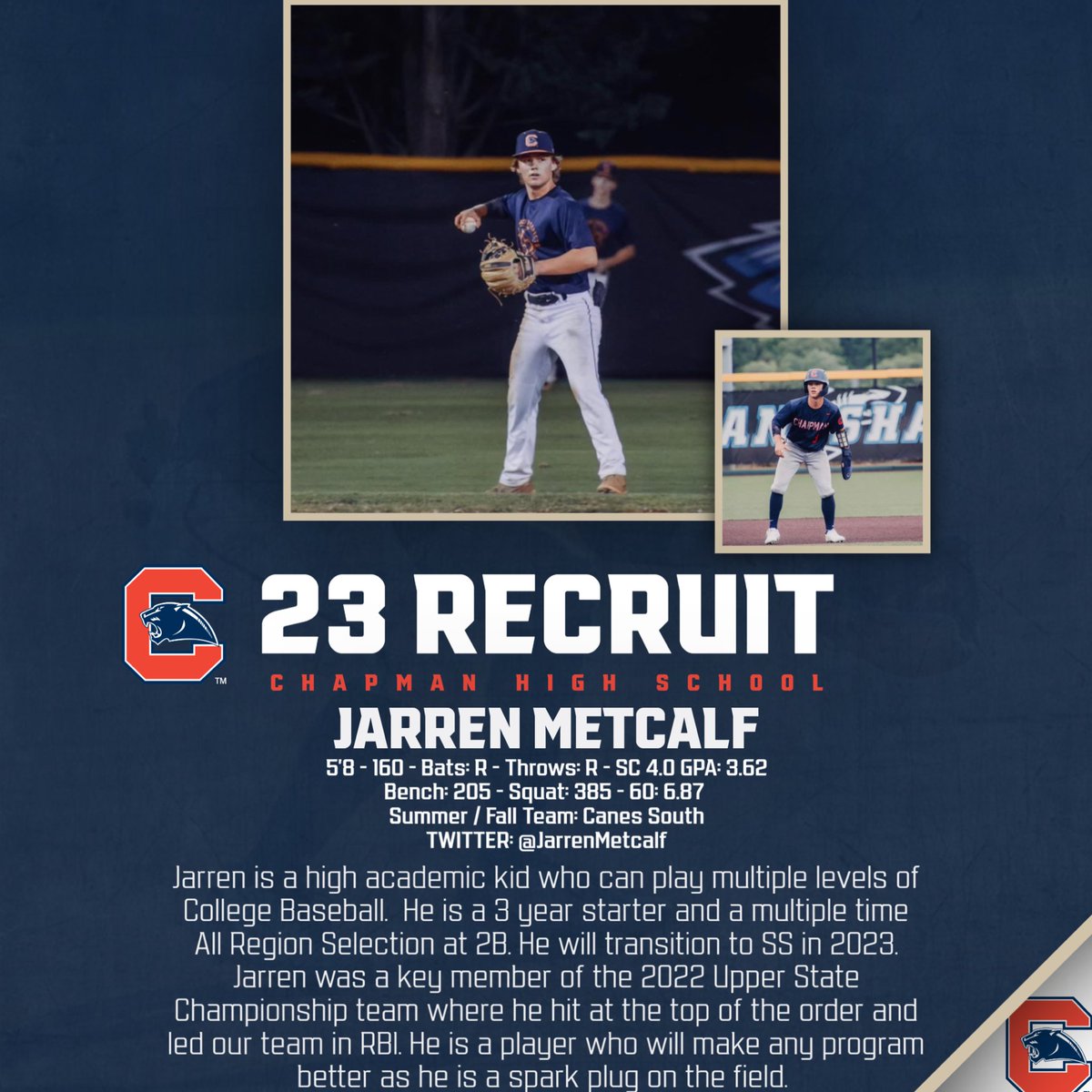‘23 Recruiting Spotlight

Jarren Metcalf (<a href="/JarrenMetcalf/">Jarren Metcalf</a>) 

Jarren plays the game with passion &amp; enthusiasm. He flies around the field &amp; is a leader in our program. Scouts have commented on his size, but that has never been an issue. This young man can flat PLAY!

#baseballFAMILY