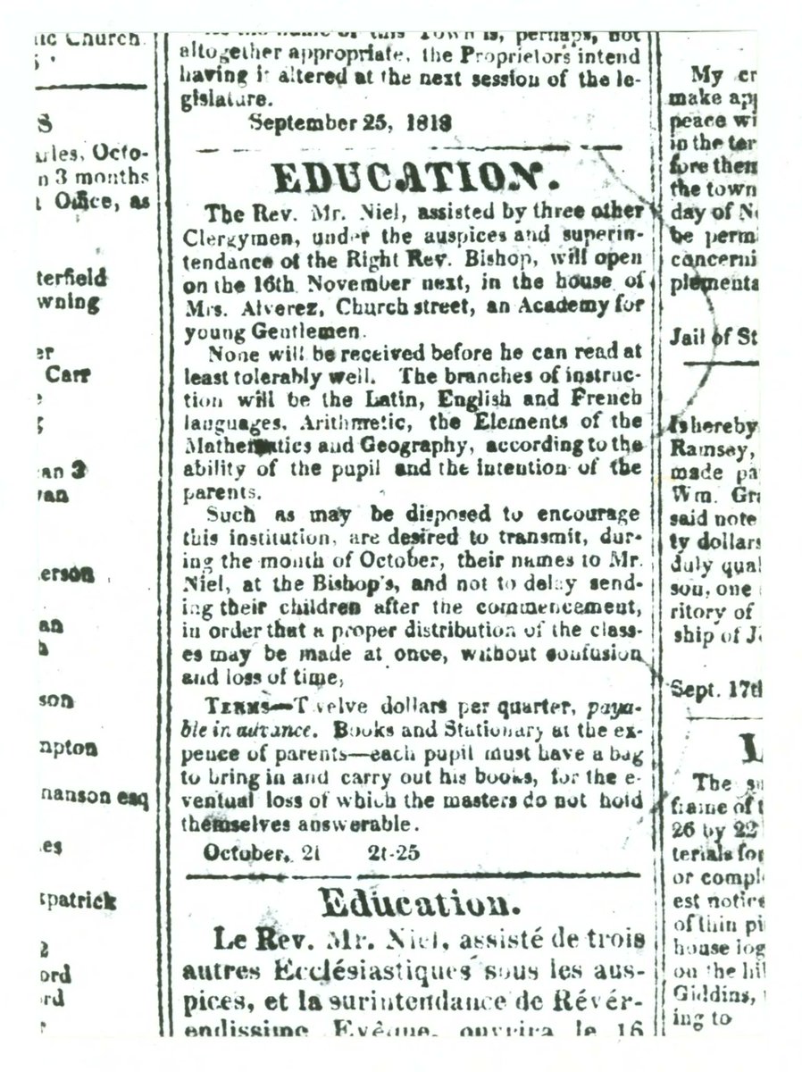 204 years ago today, Fr. Francois Niel posted an announcement in the Missouri Gazette, announcing that a new "academy for young gentlemen" was enrolling students. #SLU held its first classes that November.
