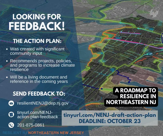 CityofHoboken's tweet photo. 📢Feedback is due on the @ResilientNENJ Draft Action Plan by Oct. 23! Provide your feedback to help your community become more resilient to climate change in the years ahead. 
Learn more: https://t.co/rx5C8BEsDE. https://t.co/BbqBRi3d48