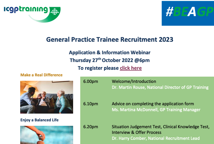 Are you considering applying for GP training in 2023? We're holding an online information webinar with lots of practical application advice next Thursday 27th at 6pm. Register at icgp.ie by next Tuesday. #BEaGP #WorkLifeBalance #MakeADifference