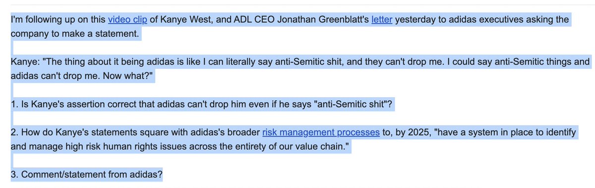 <a href="/StopAntisemites/">StopAntisemitism</a> <a href="/adidas/">adidas</a> I have sent <a href="/adidas/">adidas</a> PR a second request for comment and asked if Kanye West's assertion is correct: #adidas can't drop him even if he says "anti-Semitic shit"?