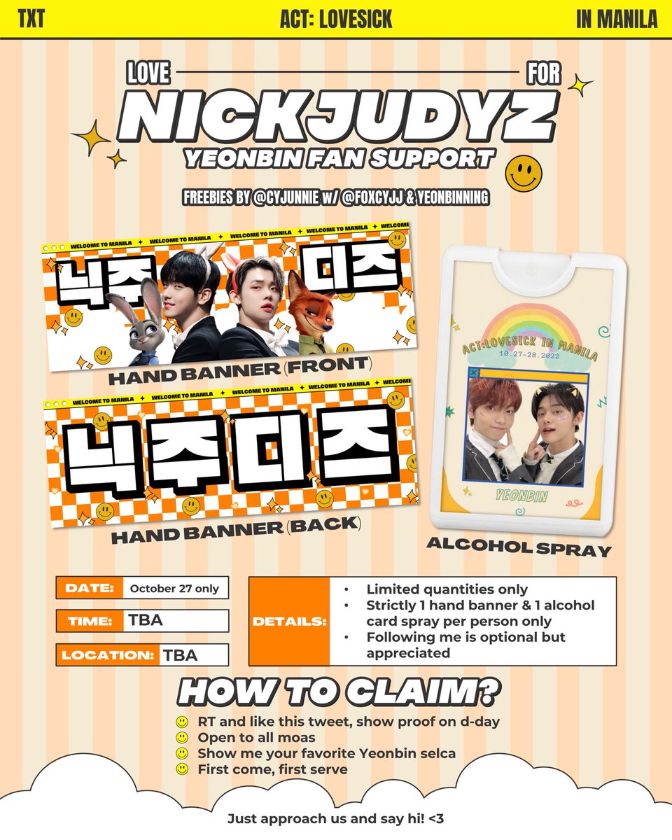 ̳͟͞͞♡ act:lovesick manila freebies
    — love for nickjudyz 🐰🦊

␥ by <a href="/cyjunnie/">❥</a> 
    with <a href="/foxcyjj/">♡</a> 
    &amp; <a href="/yeonbinning/">🍅</a> ♡ 

➳ day 1 only, oct 27 !
➳ like &amp; rt :)

see photo below ↓ for more details 🫶🏻

#TXTInManila #ACTLOVESICKinMANILA 
#TOMORROW_X_TOGETHER_Manila