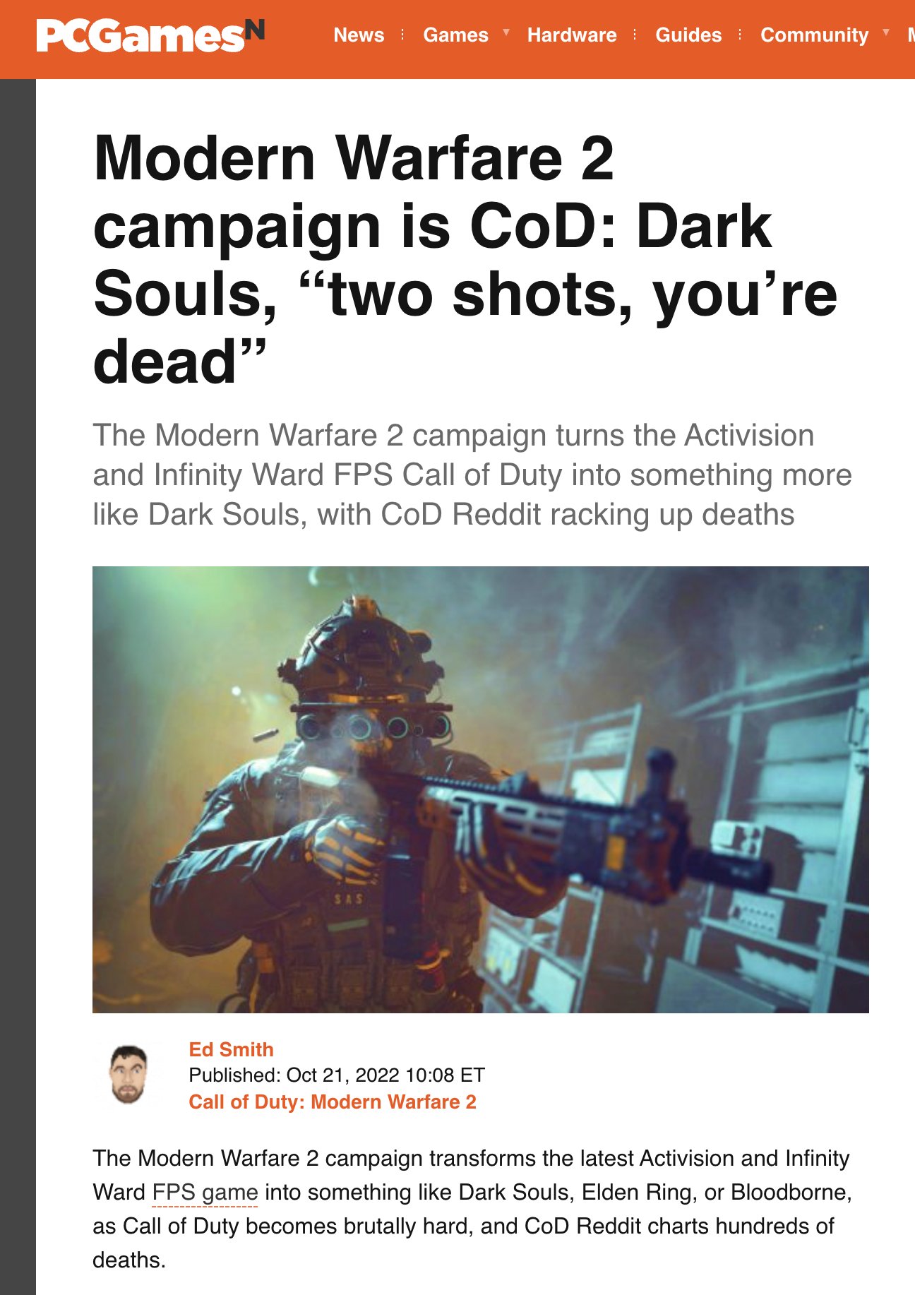 Modern Warfare 2 campaign is CoD: Dark Souls, “two shots, you're dead”