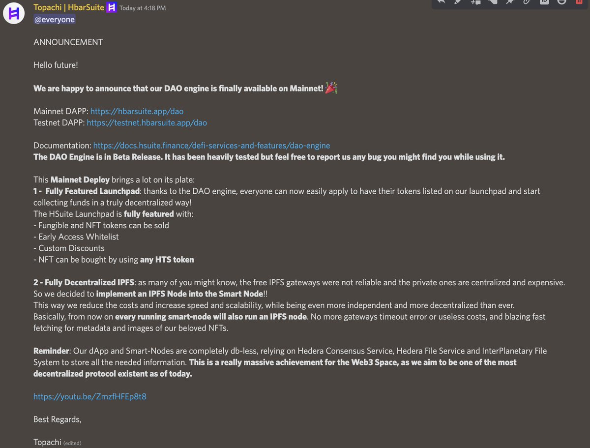 ANNOUNCEMENT UPDATES - #DAO Engine is available - #IPFS Nodes integration with the Smart-Nodes - Improvements to the Launchpad features @hedera @HBAR_foundation #DEFI #NFTs #HederaHeatWave $HSUITE $HBAR $SHIBR youtube.com/watch?v=ZmzfHF…