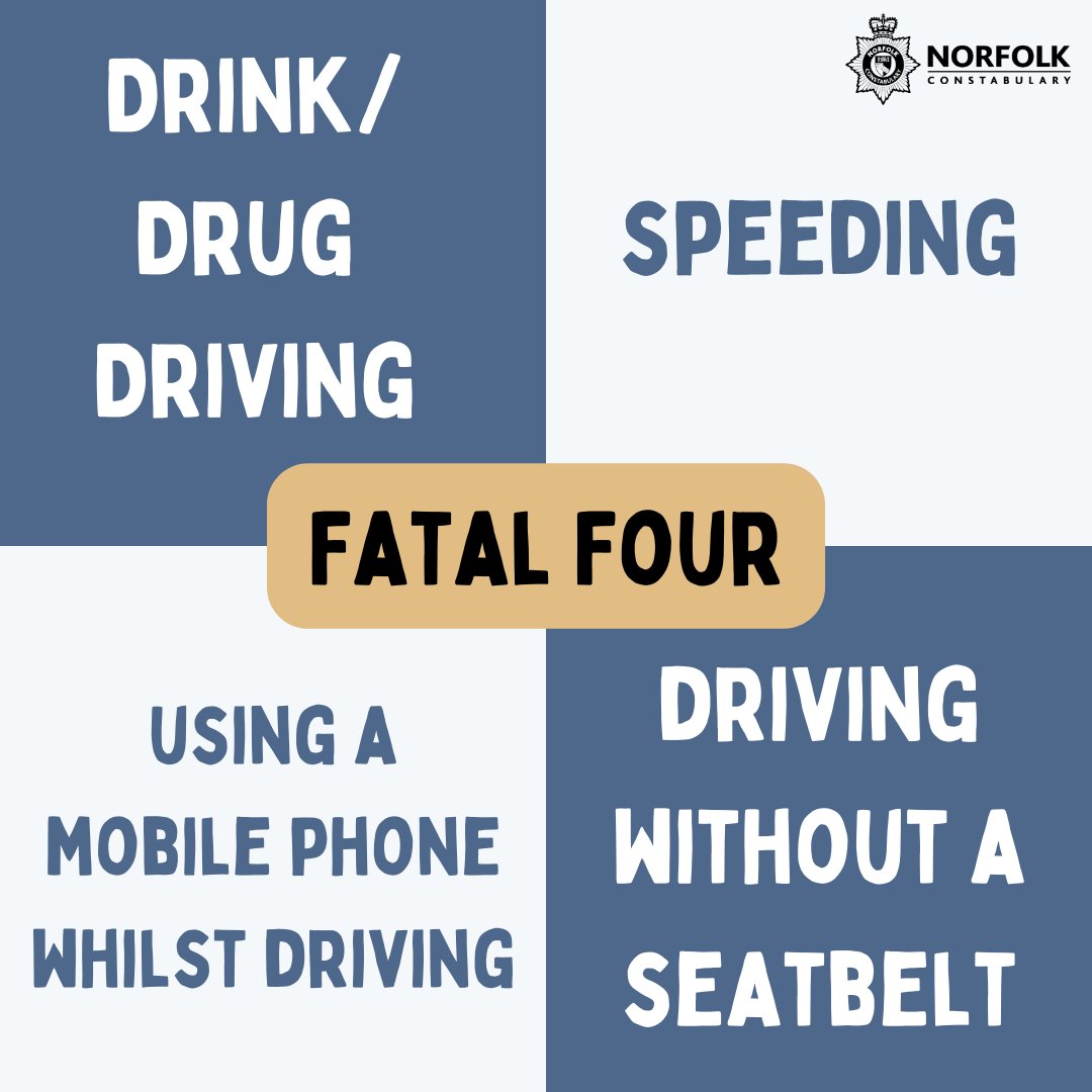 Our officers will look out for the Fatal Four as part of the National Police Chiefs’ Council Speed Campaign. Drink/ drug driving, speeding, using a mobile phone whilst driving & driving without a seatbelt. You could face a fine, points on your licence or even court action.