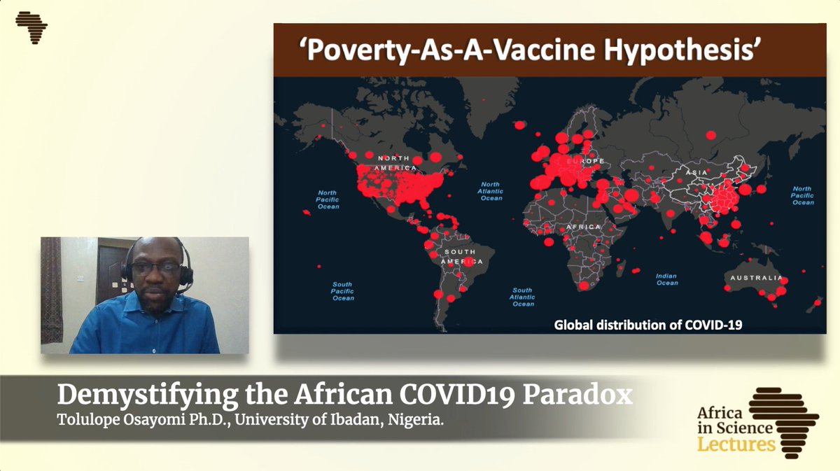 A quote from our guest speaker…
“The ‘#Poverty-as-a #Vaccine' hypothesis was grossly inhumane for #Africa and its people in the continent and the diaspora, and the Africa-based scientific community, have invalidated it”, says Dr Tolulope Osayomi, PhD, <a href="/Covid19mapping1/">Covid19mappinglab</a>
#Covid19