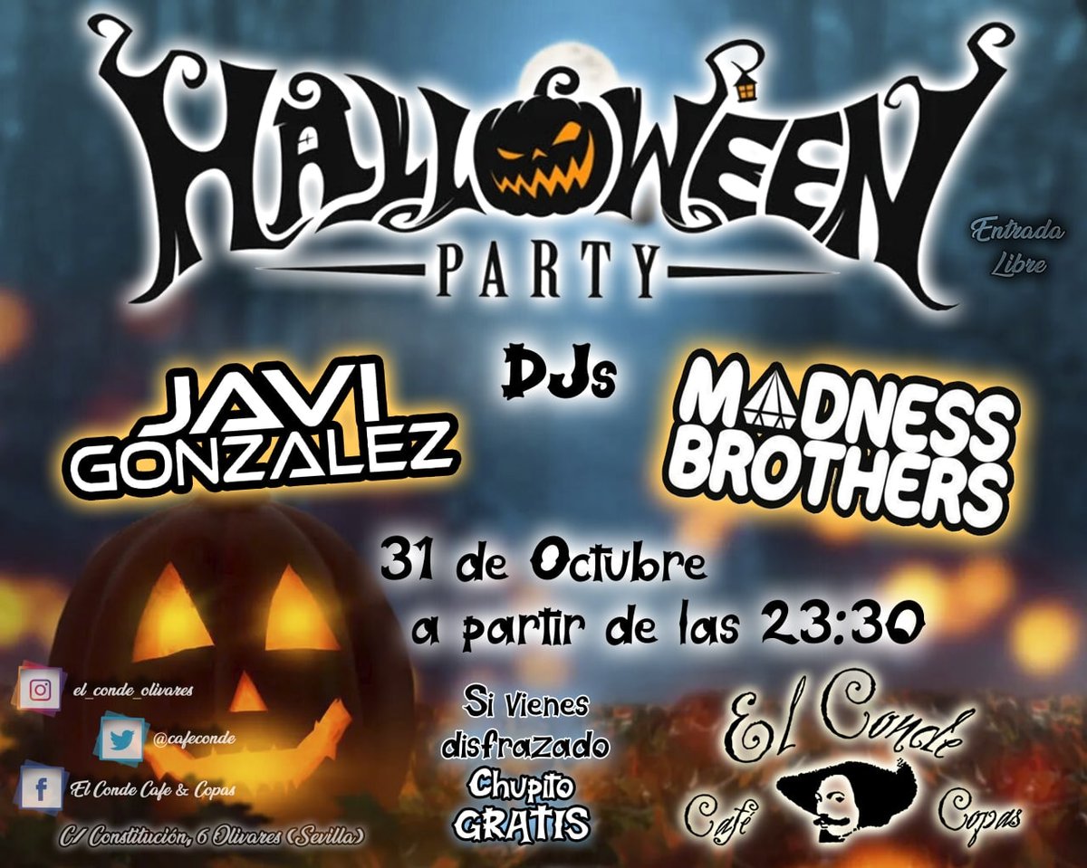 CafeConde's tweet photo. Noche de terror con estos monstruos a los mandos Javi González y @MadnesBrothers

¡¡Os esperamos!!

#Halloween #HALLOWEENPARTY #ratitosdeconde #olivares #elConde https://t.co/CwN8wcOUaZ