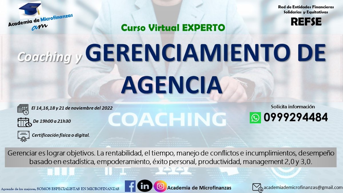 Curso experto en Coaching y Gerenciamiento de Agencia
✅Gerenciar es cumplir los objetivos
✅Manejo de Conflictos
✅Manejo de Incumplimientos
✅Desempeño basado en Estadística
✅Empoderamiento
✅Éxito Personal
✅Metas y Rentabilidad
✅Management 2.0 y 3.0
Informes al 099 929 4484