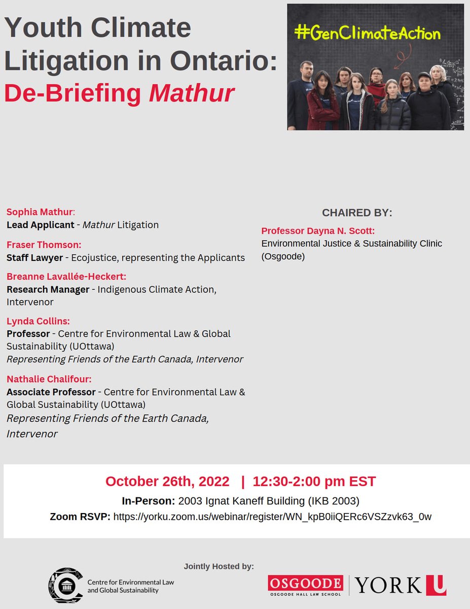 Looking forward to this exciting event Wednesday! We will hear directly from <a href="/sophiamathur/">Sophia Mathur #StandWithUkraine</a>, lead applicant, de-briefing the recent hearing in the youth climate Charter challenge: also <a href="/Indigenous_ca/">Indigenous Climate Action</a> @auntybre, @ecojustice_ca <a href="/N_Chalifour/">Nathalie Chalifour</a> <a href="/CELGS/">CDEDM | CELGS uOttawa</a> and Prof Lynda Collins