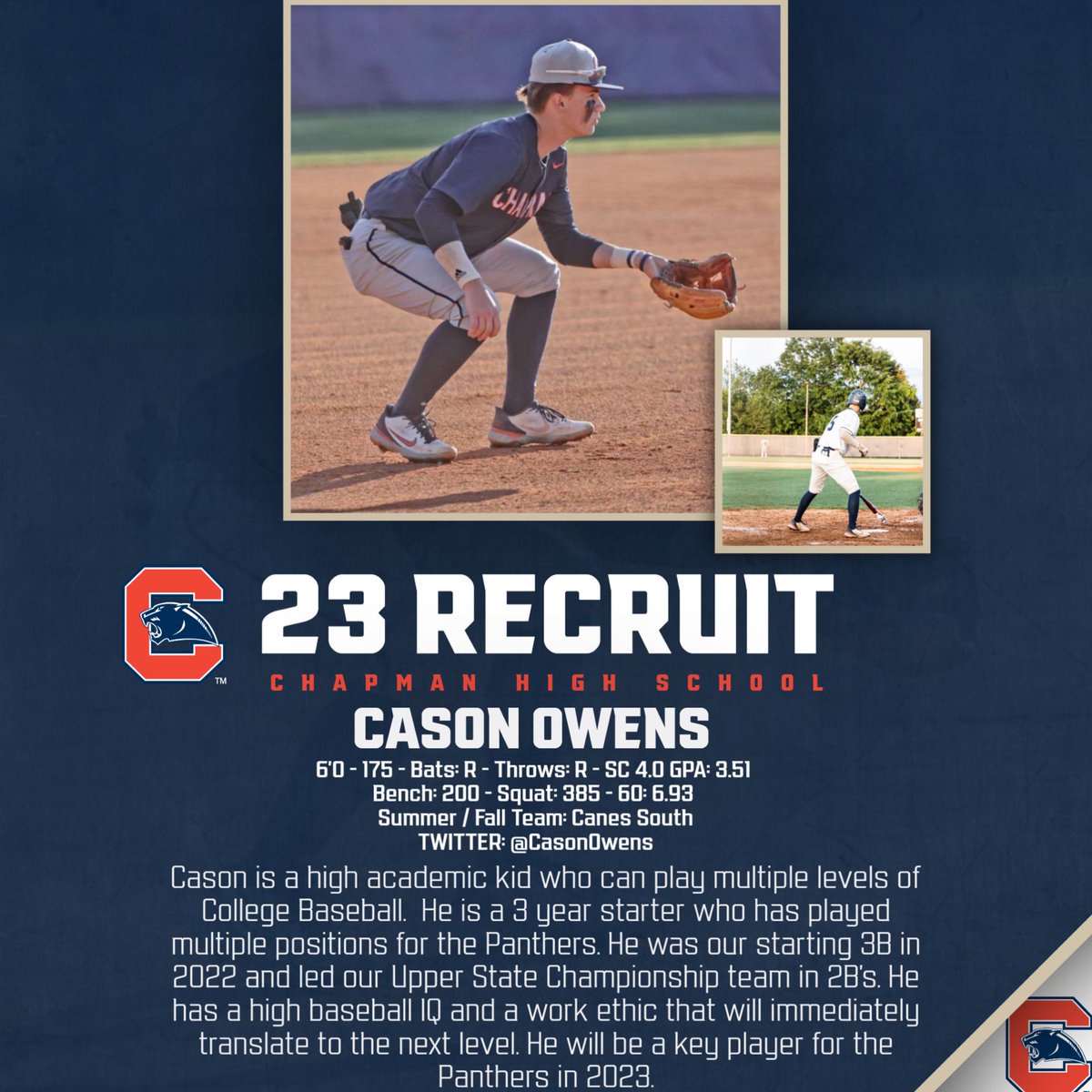 ‘23 Recruiting Spotlight

Cason Owens (<a href="/CasonOwens/">Cason Owens ✞</a>) 

Caaon has been a key starter on varsity for 2 years &amp; led our team in 2B’s in 2022. He is versatile, competitive &amp; we expect a BIG 2023. Cason works hard at all he does &amp; he will make your program better!

#baseballFAMILY