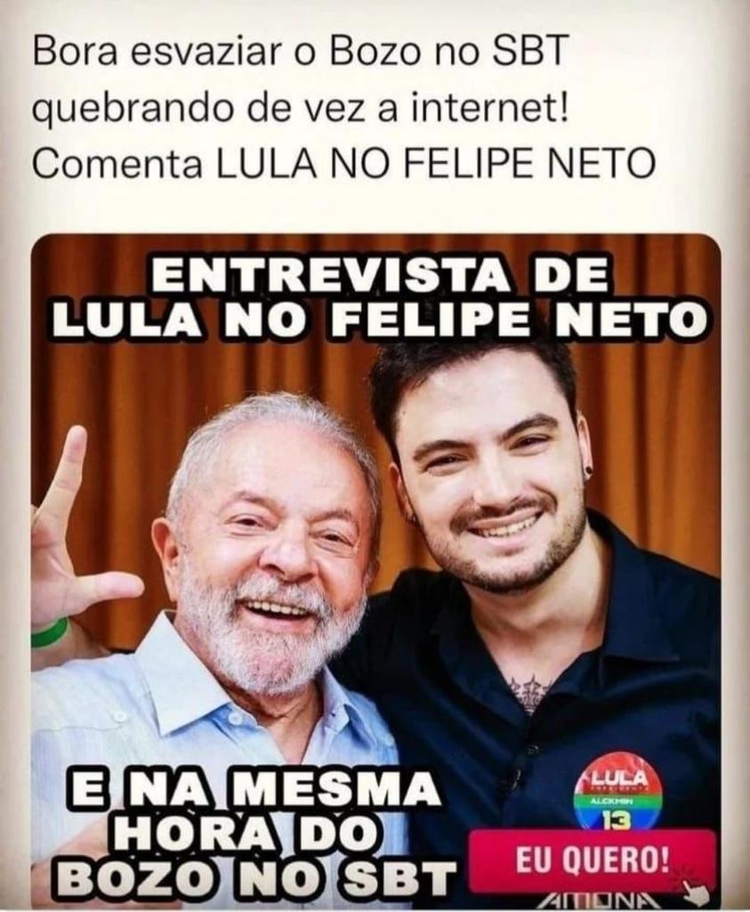 ProfNelson13's tweet photo. 🚨*Felipe Neto entrevista Lula*🚨
--
✅*Vai ser HOJE* ✅
(21/10) às 21:30h
--
Conectem todos os aparelhos que puderem!
🚨*Divulguem*!!!🚨
---
*Vamos ajudar Lula a quebrar a internet novamente*! 
---
*SEXTOU*!!! Bom https://t.co/zPdWrDsxX9