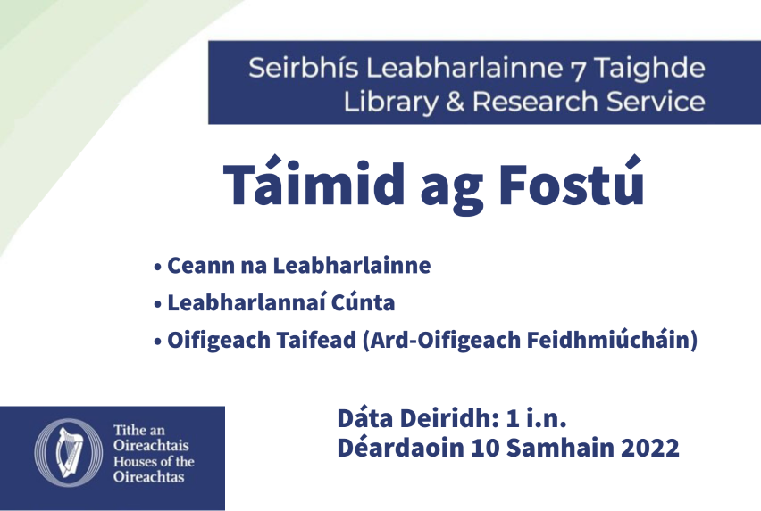 OireachtasNews's tweet photo. Tá comórtais á reáchtáil ag Seirbhís Thithe an Oireachtais do na poist seo a leanas i Seirbhís Leabharlainne ⁊ Taighde

•Ceann na Leabharlainne
•Leabharlannaí Cúnta
•Oifigeach Taifead (Ard-Oifigeach Feidhmiúcháin)

Tá tuilleadh eolais ar fáil anseo: https://t.co/E1E5up4OlE https://t.co/u9eNWmNZE9