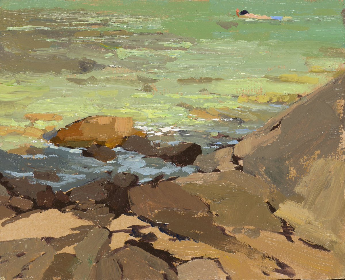 Snorkling in the seas of Aigua Blava with a little 4x5 plein air oil on panel for the personal walls.