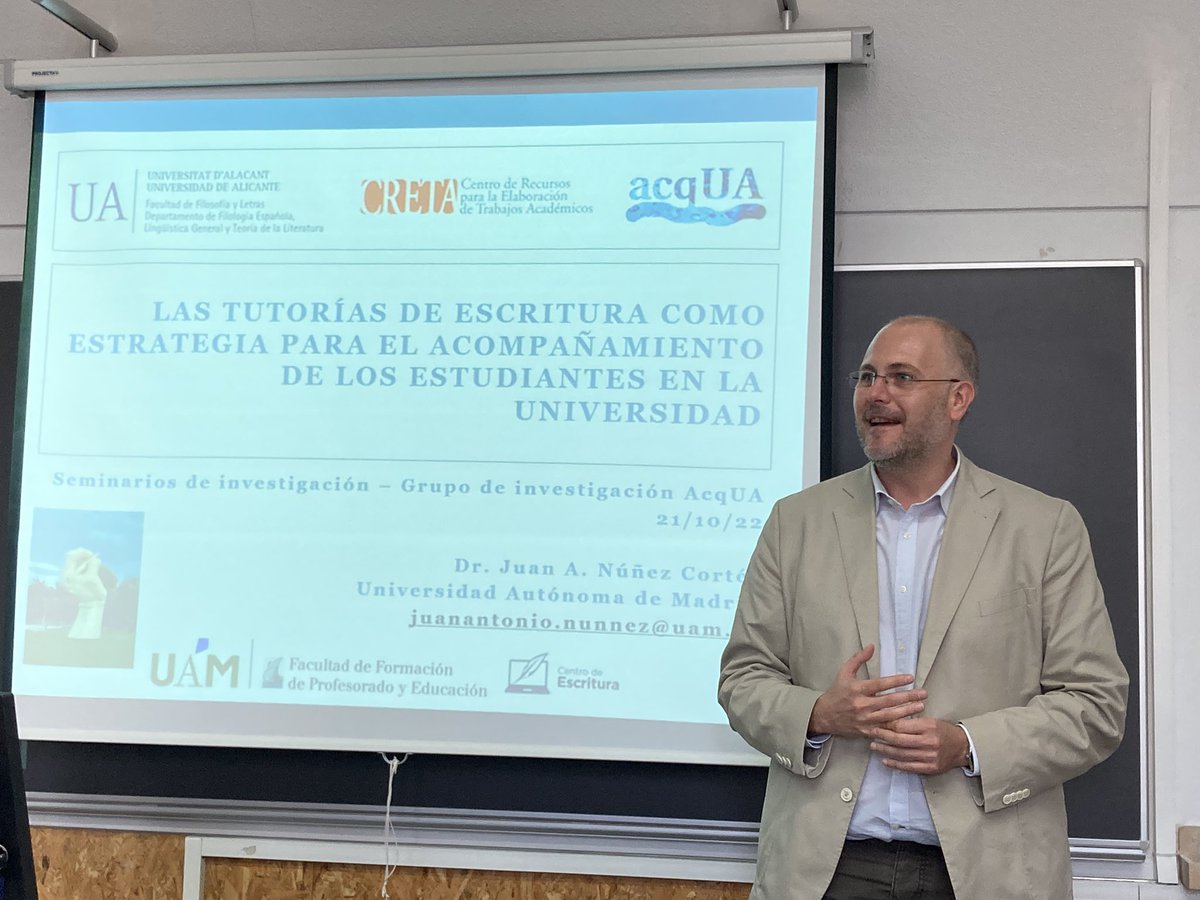 spastorcesteros's tweet photo. ¡Pasión por la escritura! Nos ha encantado escuchar a @j_a_nunez, coordinador del @cefduam, en el Seminario de investigación @AcqUA_UA sobre el papel de las tutorías en los centros de escritura. Un temazo, con gran proyección didáctica e institucional. Gracias 👏 https://t.co/3BgVA1yih9