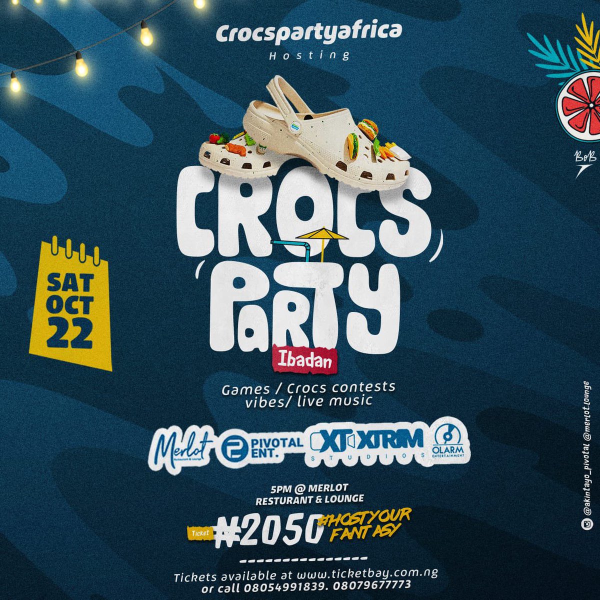Ibadantwitta_'s tweet photo. It’s the CROCS PARTY IBADAN!!!
🔥 This Saturday, 22nd October 2022
🔥 Merlot Restaurant & Lounge, 24 Oshuntokun Avenue, Old Bodija, Ibadan.
🔥 5pm
🔥 ₦2050
✔️Games
✔️Crocs contests
✔️Live performances (band)
✔️Lots of giveaway.
#addictedtocrocs #hostyourfantasy https://t.co/m9hn6JSS5Y