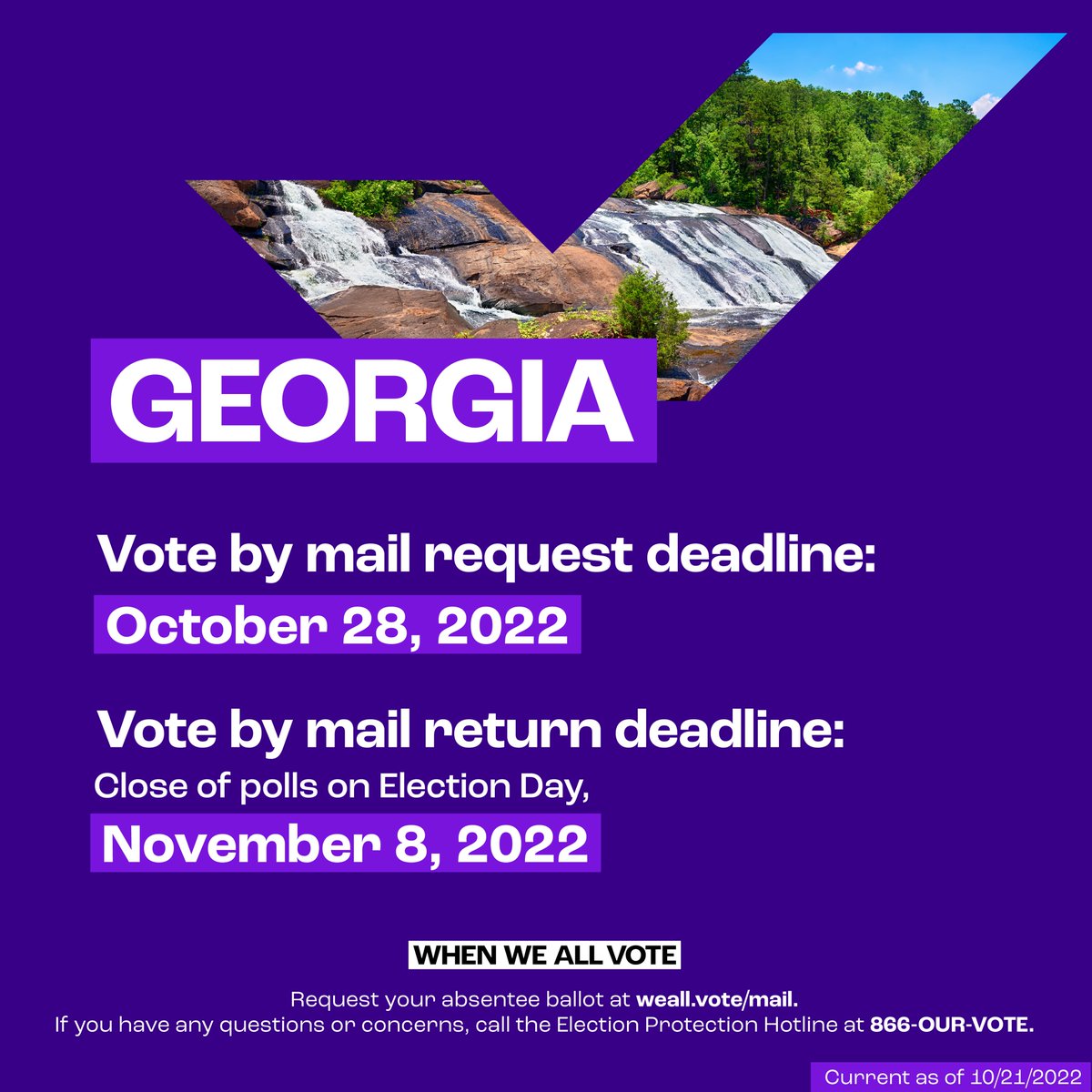 GEORGIA — your vote by mail request deadline is coming up! Request your mail ballot by October 28 at weall.vote/mail. Remember, you must return your ballot by close of polls on Election Day — November 8. 𝘉𝘶𝘵 𝘸𝘩𝘺 𝘸𝘢𝘪𝘵? Return your ballot as soon as you can.