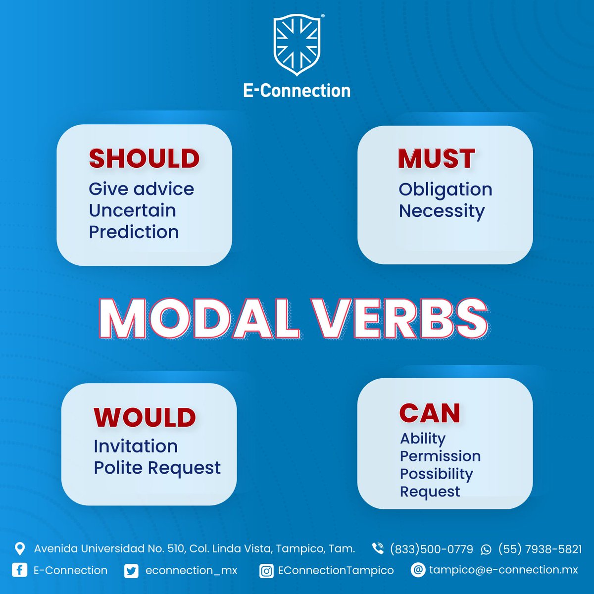 “Modal verbs” son aquellos verbos en inglés que ayudan a que una oración tenga un mejor significado gracias a su función. 

#econnection #inglés #bilingüe #nativosdigitales #clasesvirtuales #clasesonline
