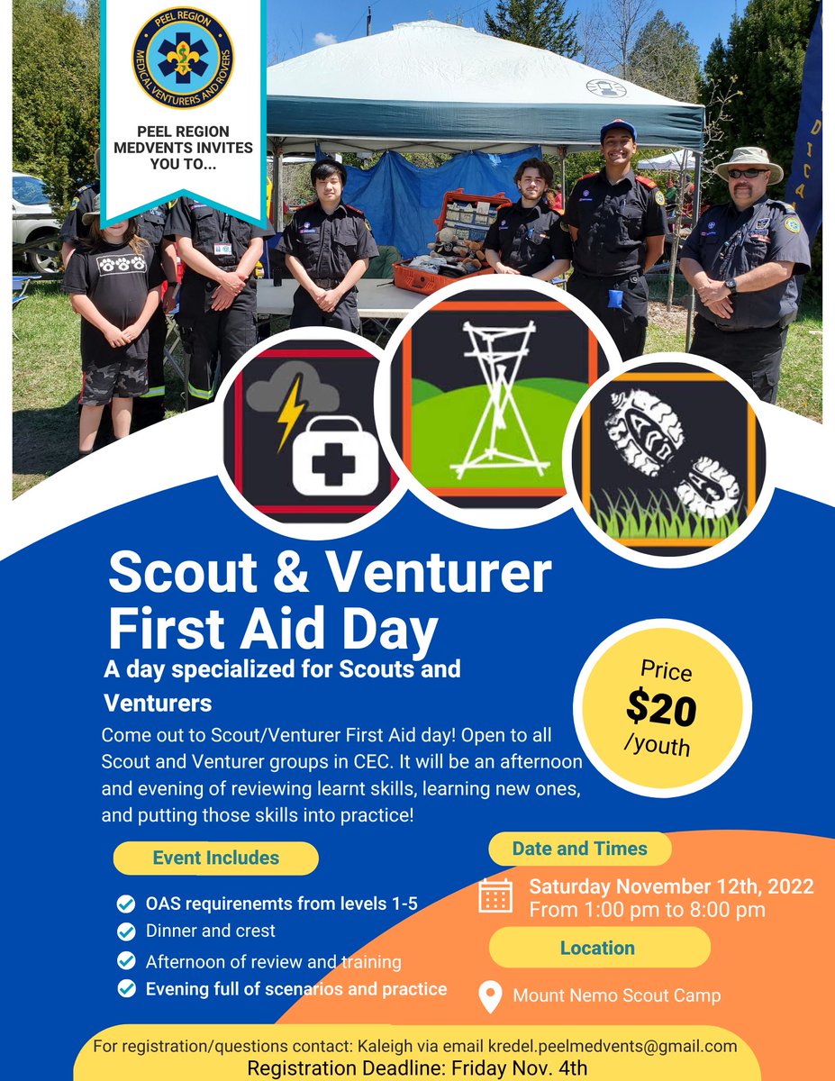This is our official call to all Scout and Venturer groups across <a href="/cecscouts/">CEC Scouts Canada</a>! #peelregionmedvents is hosting their first ever Scout &amp; Venturer First Aid Day💥 

🗓Saturday, November 12th
⏰ 1:00 pm to 8:00 pm
⚜️ For Scouts and Venturers
📝 Register by: Friday, November 4th