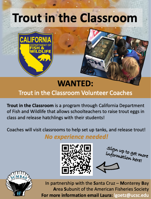 Trout in the Classroom is back! This is a fantastic opportunity to gain outreach experience &amp; connect with local schools! Want more info on becoming a coach? Scan the QR code OR Fill out this form - forms.gle/jnrqs5Y39iS9Eu…