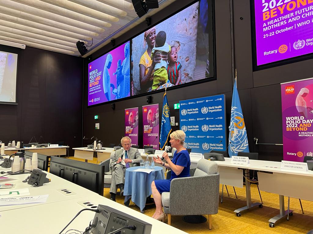 Rotary's tweet photo. Journalist,editor and writer @Time magazine @jeffreykluger and #Rotary President @JenJonesRotary talk about #polio eradication today. https://t.co/x6GPXeySHe