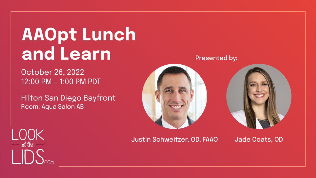 Attending @AAOpt's annual meeting next week in San Diego? Faculty <a href="/JSchweitzerOD/">Justin Schweitzer</a> and <a href="/cjaderice/">Jade Coats (Rice)</a> are hosting a Lunch and Learn – and you're all invited! Stop by to hear from the experts in optometry. 
#LookattheLids #Academy22 #AcademyCentennial #AAOCentennial