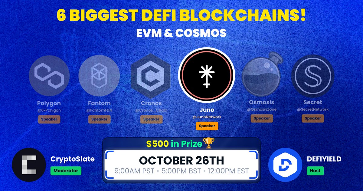 ⚡️ We are SUPER Proud to have <a href="/JakeHartnell/">DAO Maximalist ☯🏴🦇🔊</a> Founder of <a href="/JunoNetwork/">Junø</a> joining us for our #Top6Blockchains Twitter Spaces on:
 
📅 October 26th;
⏰ 9:00am PST | 5:00pm BST!
 
🔔 RSVP
x.com/i/spaces/1kvKp…

🚨 This will be the MOST VALUABLE Twitter Spaces in 2022!

🔥 Here's WHY 👇