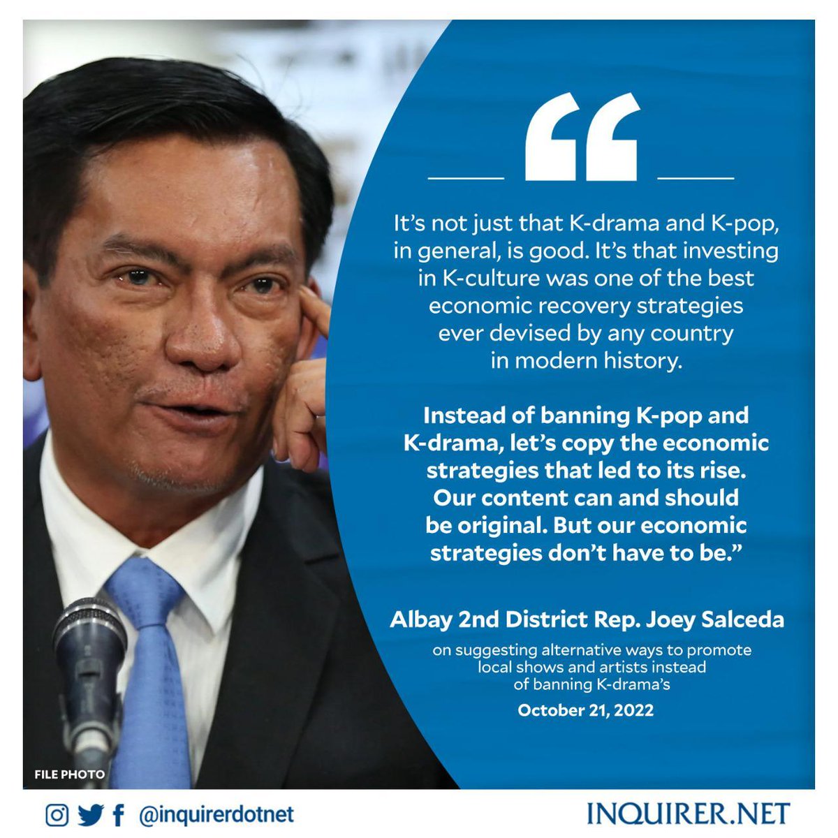 inquirerdotnet's tweet photo. The lawmaker proposed that instead of banning K-dramas for their massive popularity in the country, why not just copy the system that allowed South Korea’s entertainment industry to flourish?

READ: https://t.co/rrL6j7gbVT https://t.co/X1zcN3jwyp