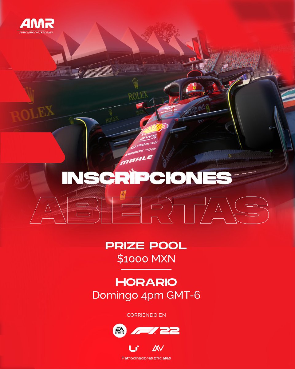 apex_mexican's tweet photo. ¿Ya te inscribiste a la temporada 3?
- Crossplay
- Prize pool $1000 MXN
Discord: https://t.co/uFQ0tGFT9D
#f1 #USGP #uptheAMR #GoAMR #Simracing https://t.co/0EqdJQwjXO