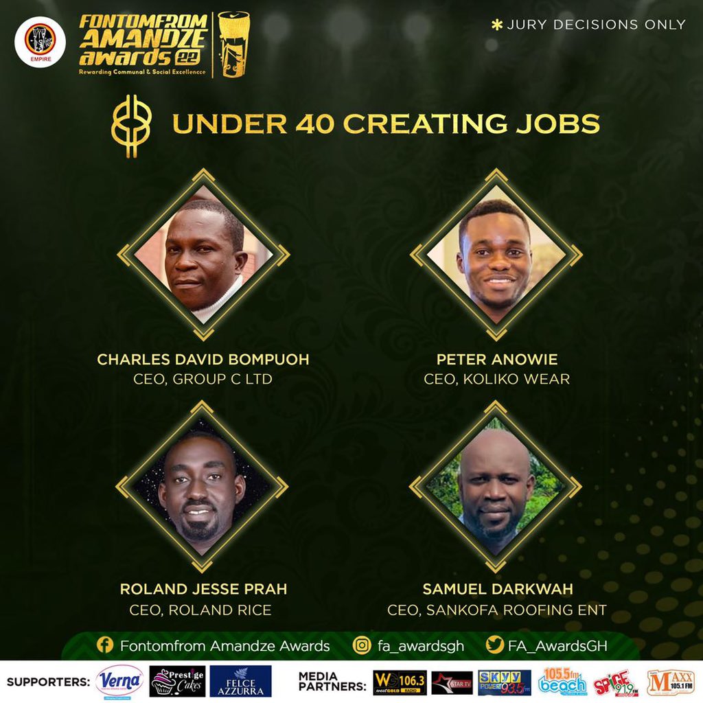 FontomfromE's tweet photo. And the nominees for “Under 40 Creating Jobs” are: 

CHARLES DAVID BOMPUOH ( CEO, GROUP C LTD)

PETER ANOWIE ( CEO, KOLIKO WEAR) 

ROLAND JESSE PRAH ( CEO, ROLAND RICE )

SAMUEL DARKWAH ( CEO, SANKOFA ROOFING ENT )

#fontomfromempire
#faa22 https://t.co/iBDUGoMqVL