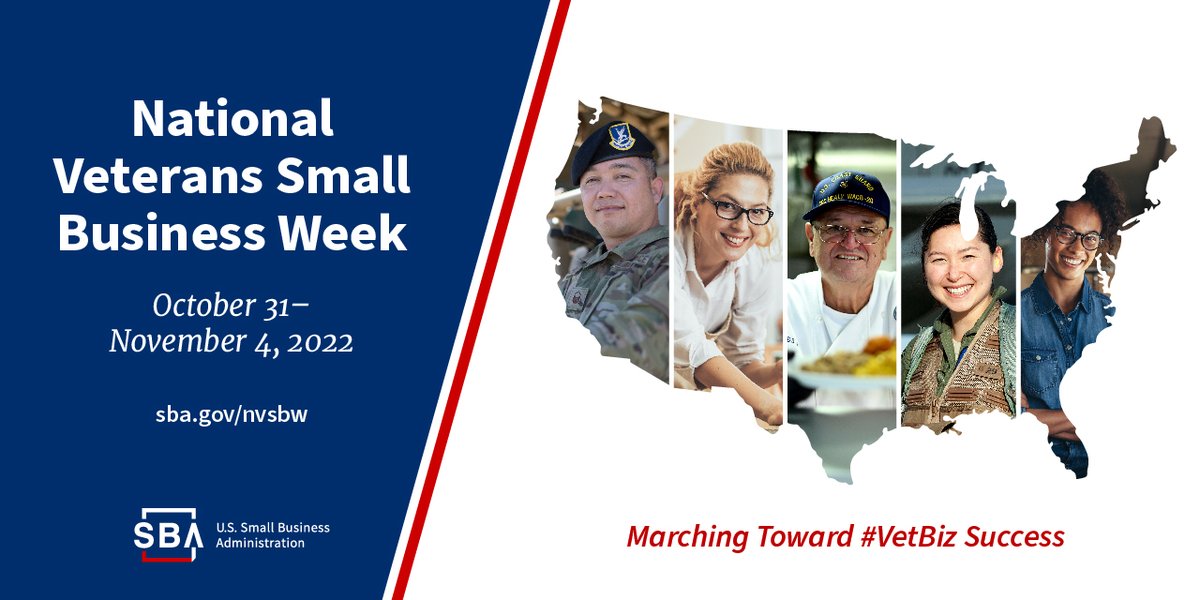 7️⃣ days away: National Veterans Small Business Week kicks off on 10/31! During #VetBiz Week, SBA partners will host events highlighting resources to help members of the veteran community launch 🚀and grow 📈 their businesses.  Find #VetBiz events near you: sba.gov/nvsbw