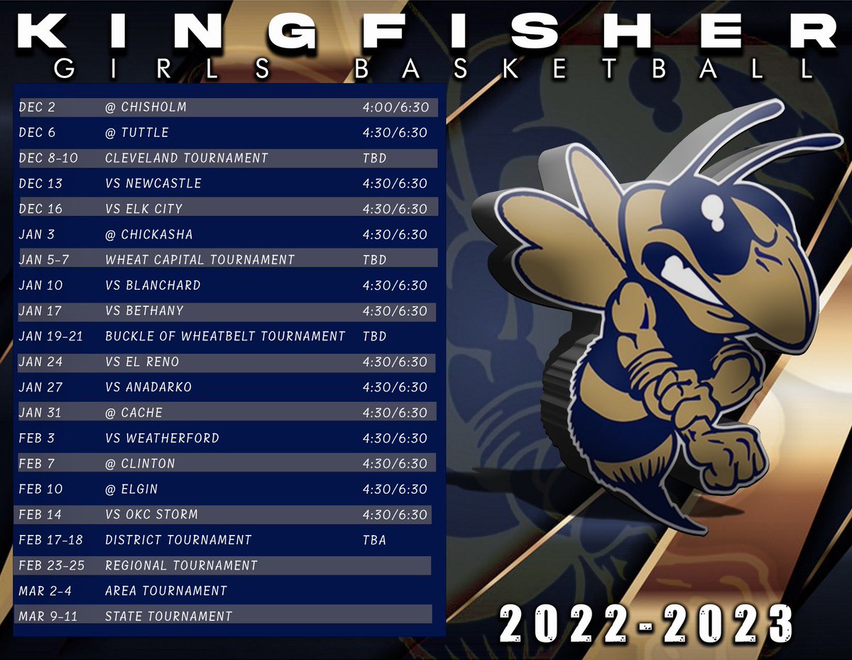 2022-2023 Kingfisher Girls Basketball Schedule! Only 42 days until Gameday! 🏀 🐝💙💛