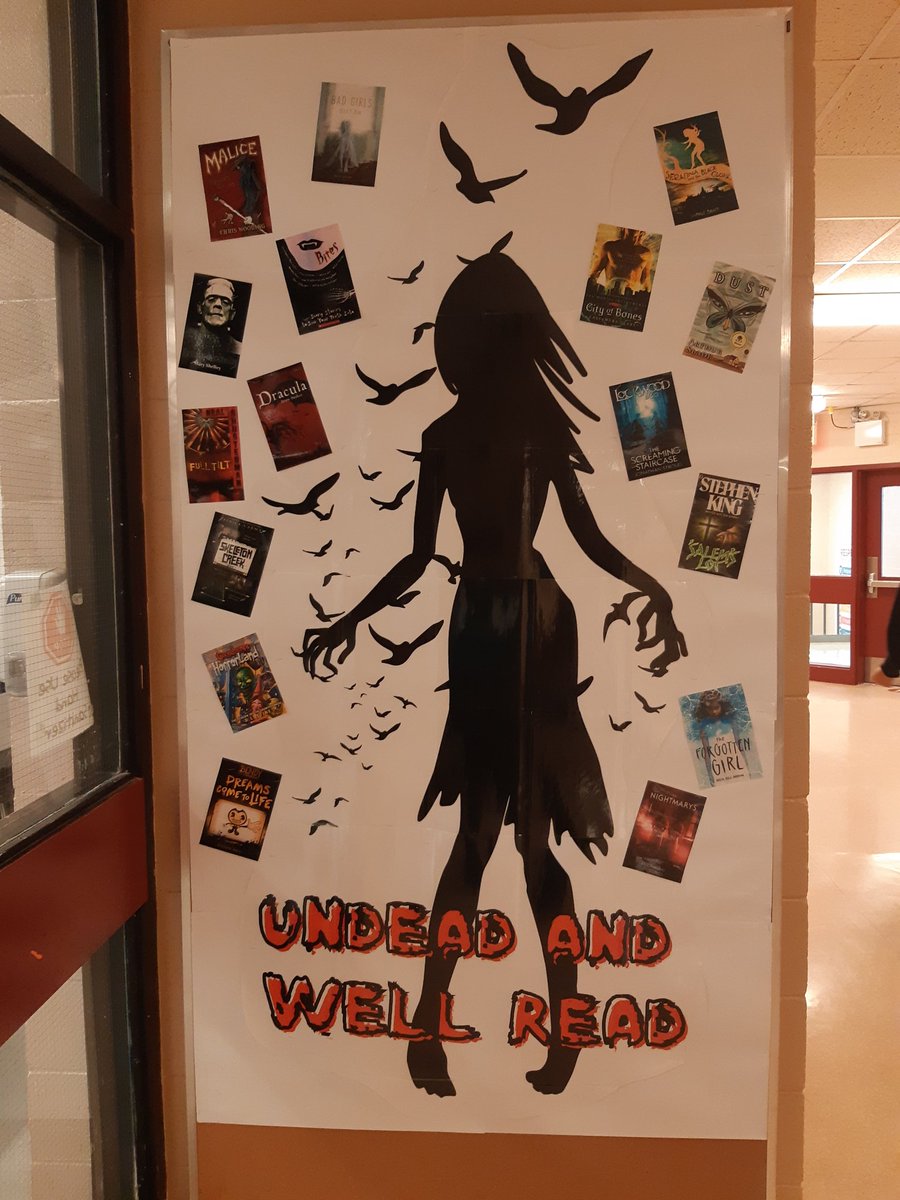 BethPowerTL's tweet photo. Hallowe'en @mdjh library - Undead and well read! Come get a #spooky book for Hallowe'en. 3'x9' display thanks to #canva and #rasterbator https://t.co/qYAmQWir1U