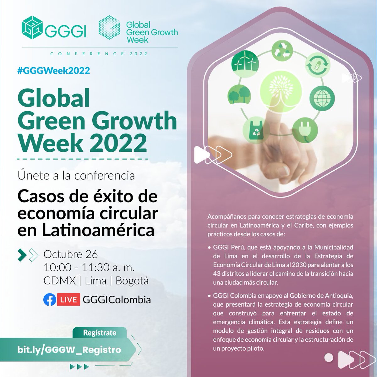GGGICol's tweet photo. ¿Quieres conocer más sobre estrategias de #EconomíaCircular en la Latinoamérica?
Regístrate en esta sesión de #GGGWeek, ¡presentaremos las experiencias exitosas de la @MuniLima y @GobAntioquia junto con @EnelPeru y @cepal_onu!
📌 26/10 | 10 a. m.
👉 https://t.co/3JzWuDtqCo https://t.co/Of3TOmiSVa