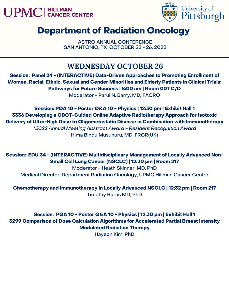 🚨It's that time of year again!! I am so very proud of the presentations from our group @UPMCHillmanCC @ASTRO_org #ASTRO22 Annual Meeting! Including those on twitter such as: @pnbarry @mkabdelhakiem @PhilPiferRadOnc @bindhu2102 @BaHeR39. Even our amazing med onc @TimBurnsMDPHD!