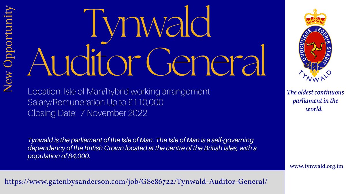 New Opportunity | Tynwald Auditor General

An Auditor General is a senior official tasked with improving government accountability for public spending, supporting value for money &amp; financial efficiency. 

> Applications: gatenbysanderson.com/job/GSe86722/T…
#Tynwald #IsleofMan #AuditorGeneral