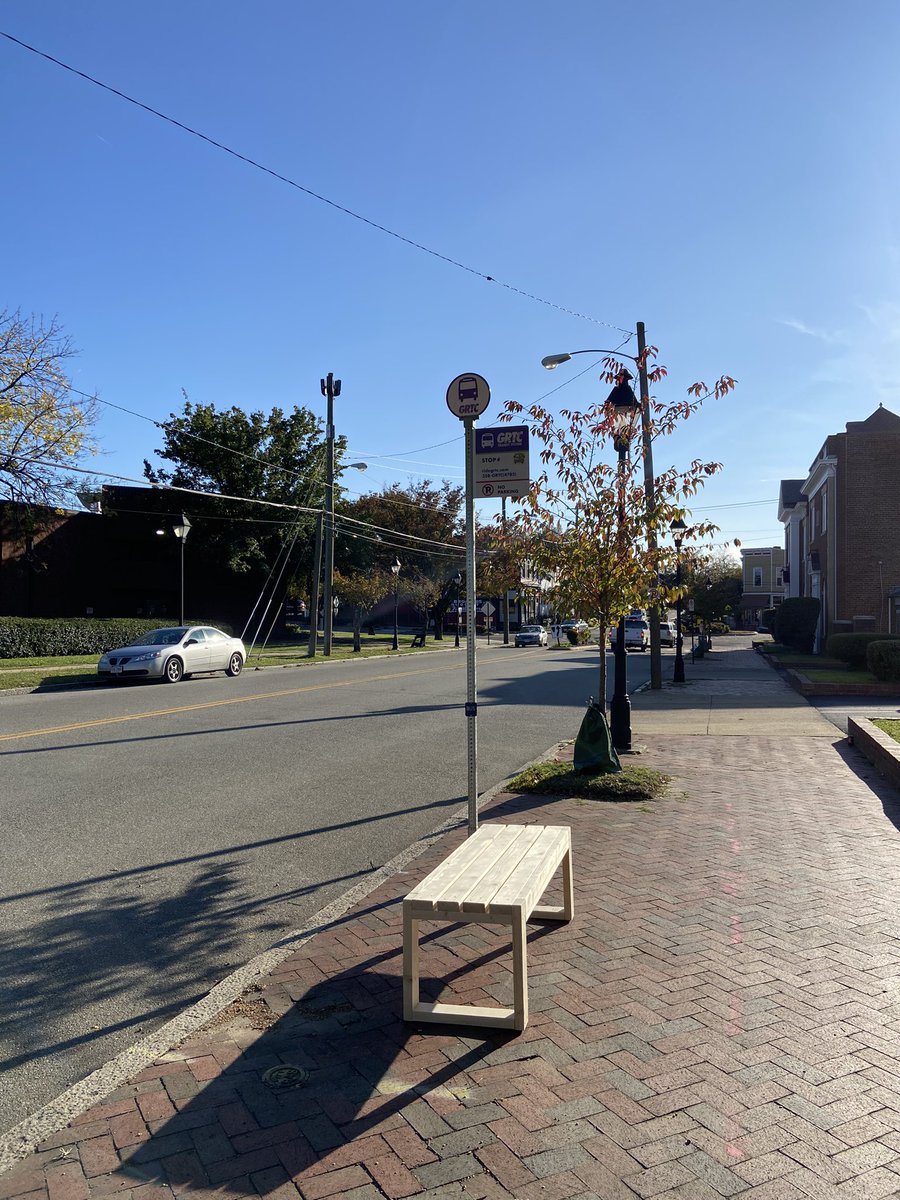 travisahall's tweet photo. @J_M_Warren @rvadotra @DFRSH757 @Silly_Genius @yitgordon Got these couple of bus stop benches out yesterday. Immediately had one person say that more are needed up on Brook Rd. Sadly one already got yanked, but might replace with some sort of tether to the sign. #rvalovestransit https://t.co/vGArHNbSVS