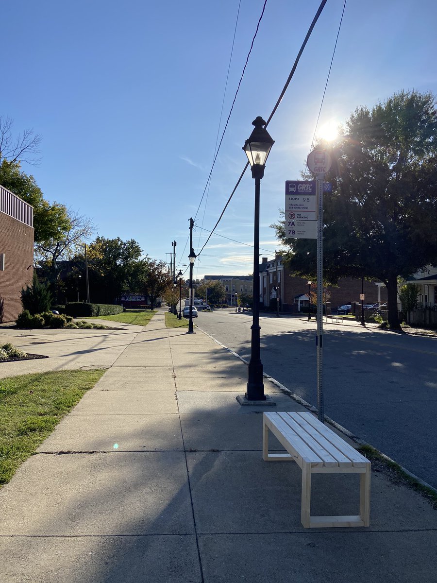 travisahall's tweet photo. @J_M_Warren @rvadotra @DFRSH757 @Silly_Genius @yitgordon Got these couple of bus stop benches out yesterday. Immediately had one person say that more are needed up on Brook Rd. Sadly one already got yanked, but might replace with some sort of tether to the sign. #rvalovestransit https://t.co/vGArHNbSVS