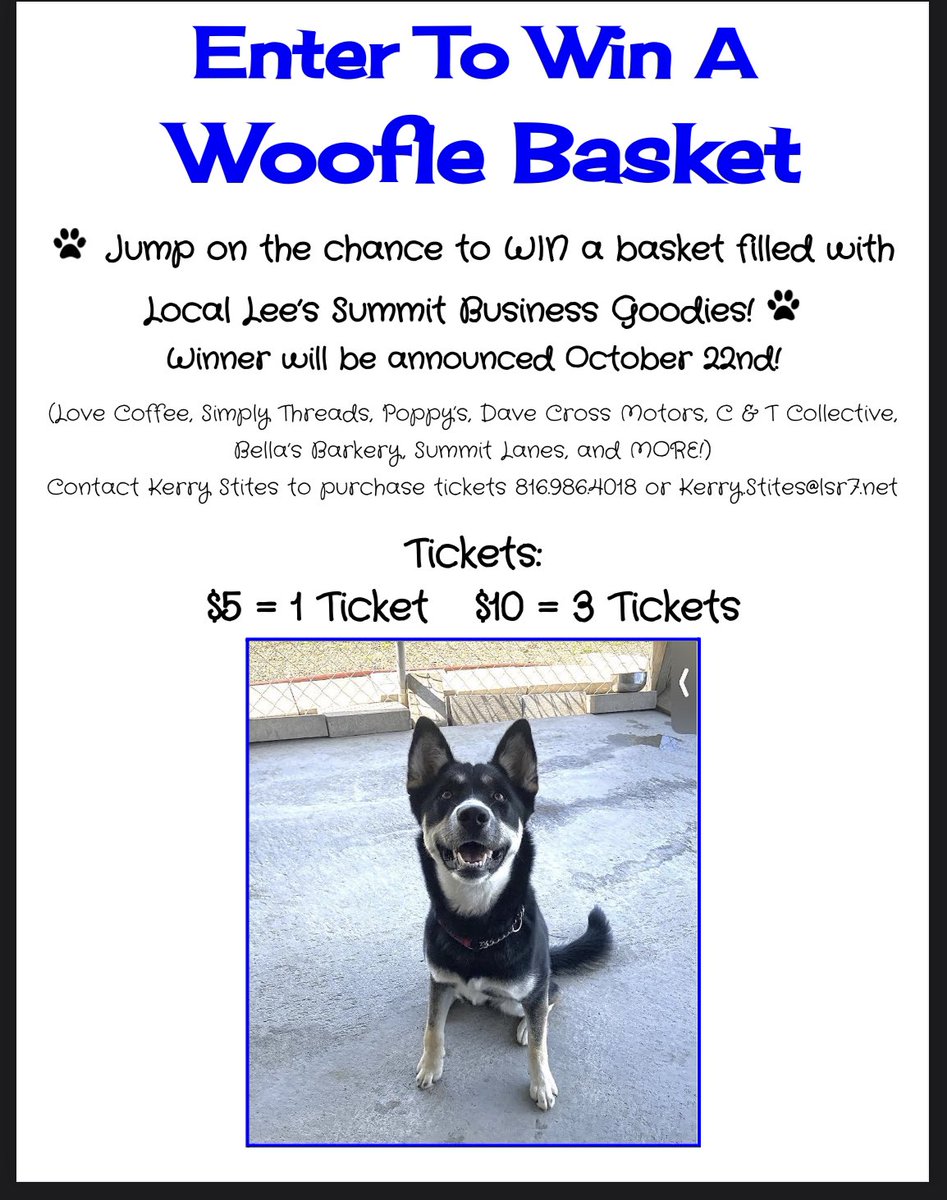 One more fundraiser effort for Mia! Thank you to the Lee’s Summit Community that have graciously donated! Contact me if you would like to purchase a ticket! <a href="/LSWCounseling/">LSW Counseling</a> <a href="/LSWestAD/">LSW Titans Activities</a> #WOOF🐾 #therapydogs <a href="/lswestonline/">lswestonline</a>