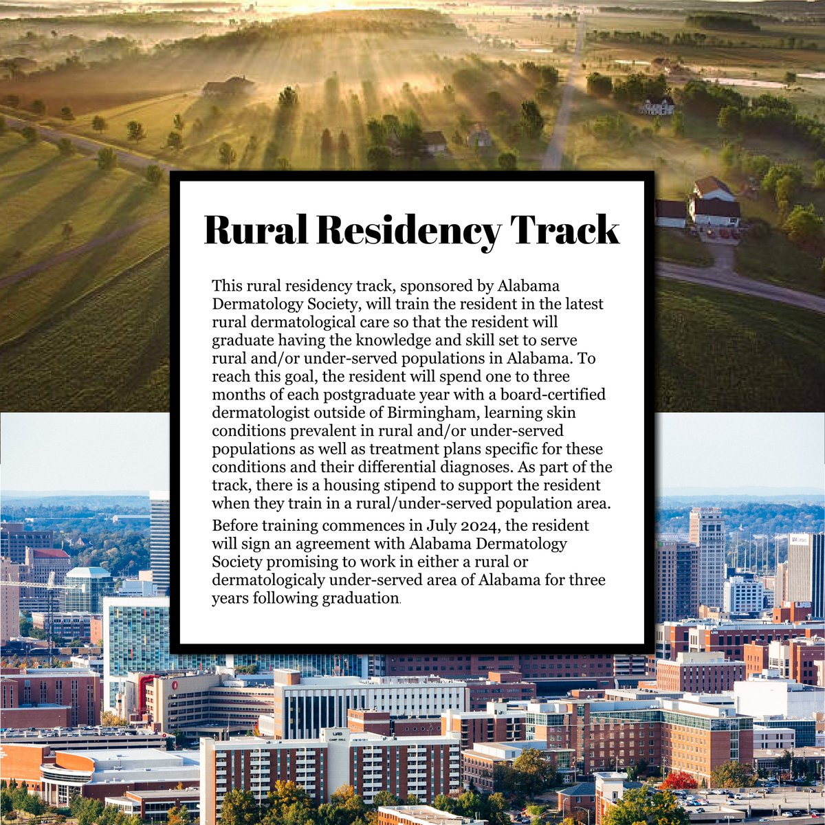 UABDermatology's tweet photo. Introducing our newest Specialized Track! Interested in contributing to the growth of dermatological care in rural communities? Read more about the Rural Residency Track here and click the link in our bio to learn more about our residency as a whole! #uab #dermatology #residency https://t.co/gcEEWr0bqB