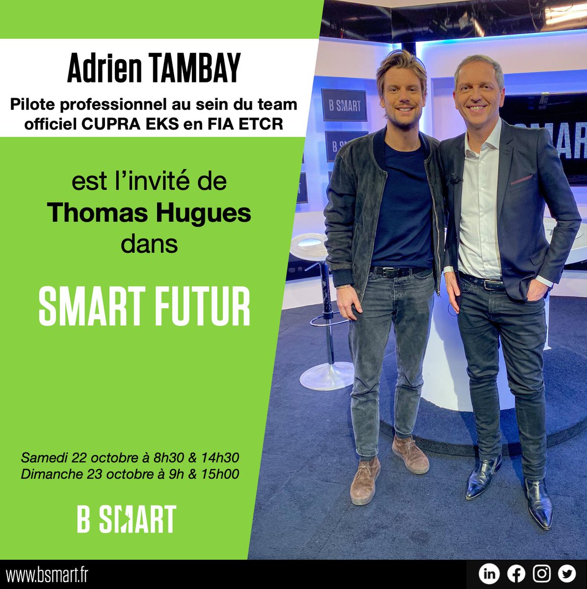 B_SMART_TV's tweet photo. La course automobile, laboratoire d'innovations ? La Formule E, futur de la course automobile ?
Pour y répondre, @mediathom reçoit @TambayRacing, pilote professionnel au sein du team officiel CUPRA EKS en @FIA_ETCR, dans SMART FUTUR.
Une émission avec @SEATFrance.
#smartfutur https://t.co/Zmb5rV1cnV