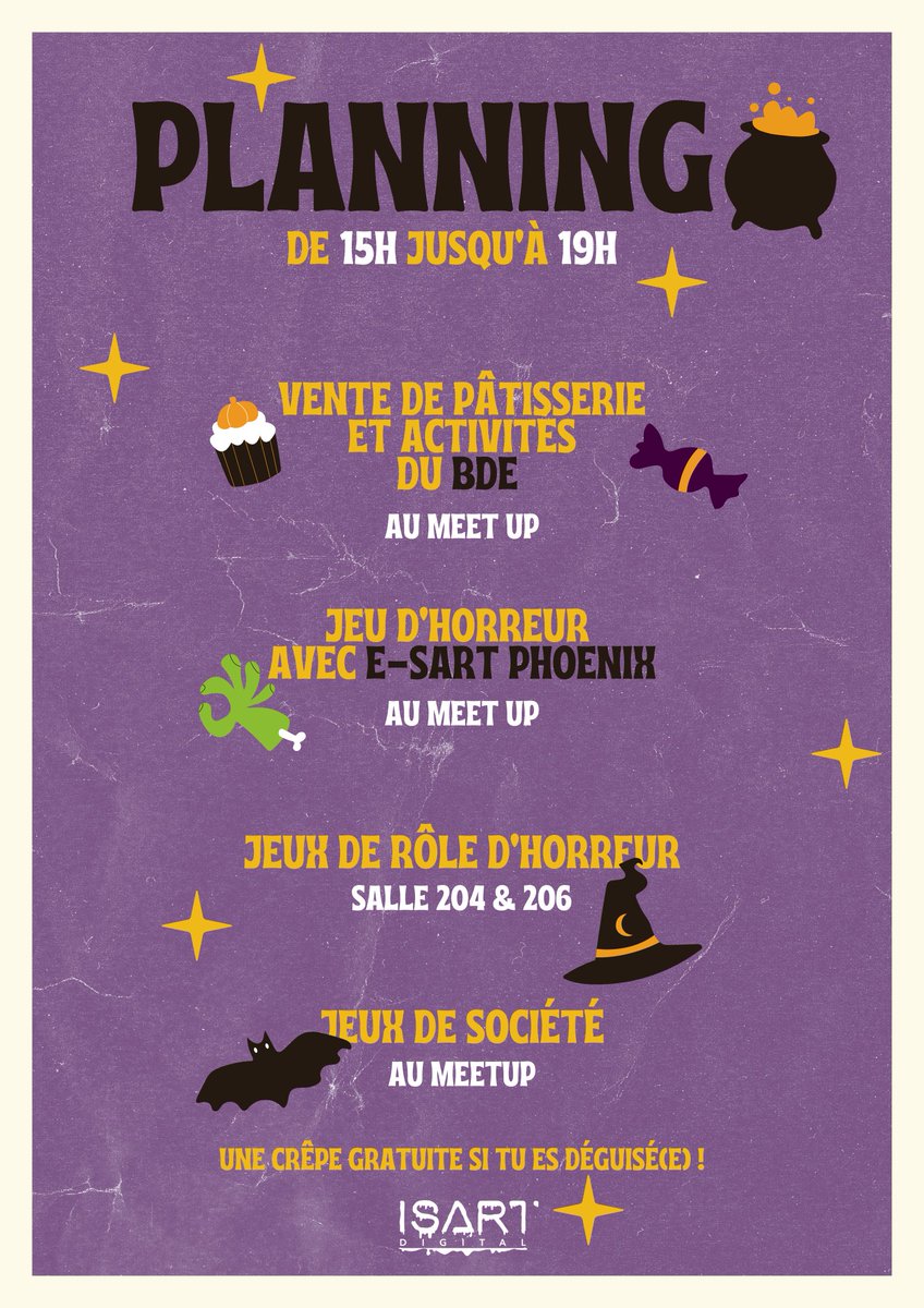 BdeIsart's tweet photo. Au programme 📆 :
Des jeux d'horreur, des jeux de société, des jeux de rôle, vente de gourmandises Halloweenesques etc...
(inscription requise pour le JDR, rdv dans votre boîte mail)

Si vous venez costumé·e·s, vous aurez le droit à une crêpe offerte 🥞 https://t.co/AwqCHEI9L3