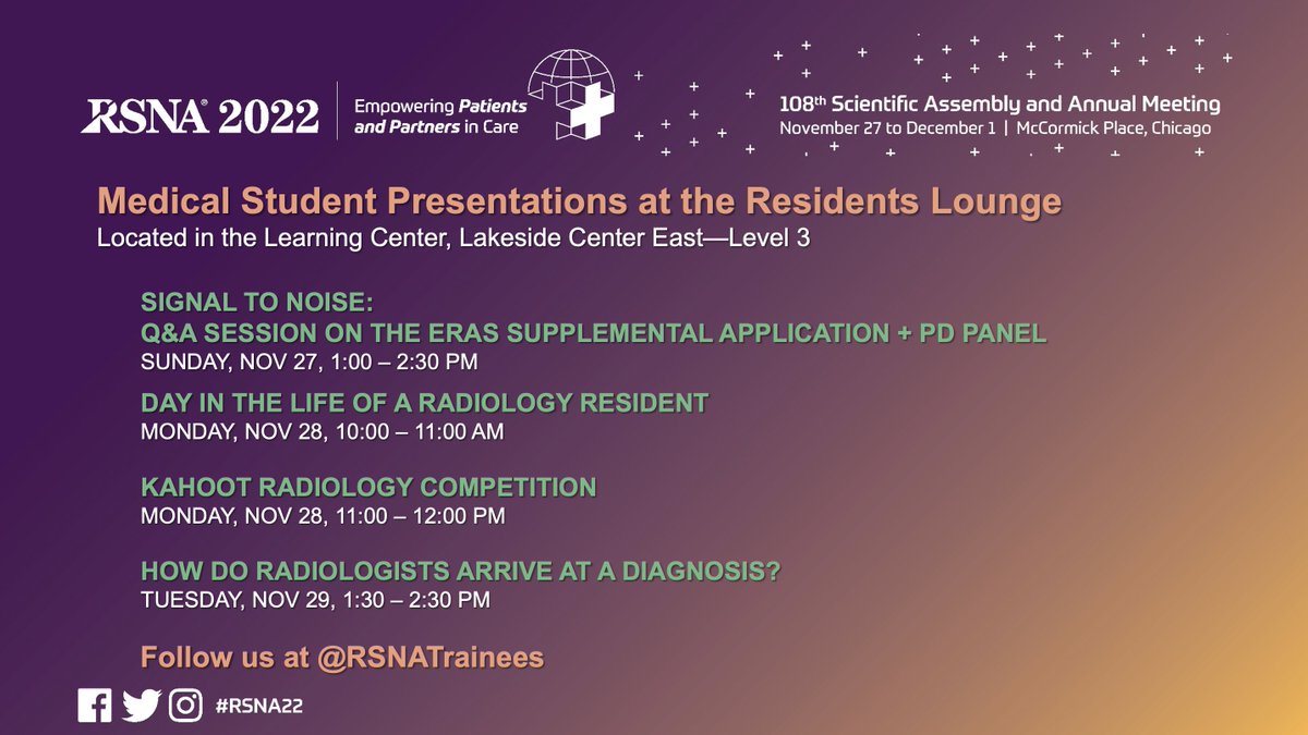 The @RSNA Medical Student Task Force (MSTF) is excited to bring you the first ever med student event at #RSNA22. Happy to be attending and promoting these events this year - hope to see you there!😀