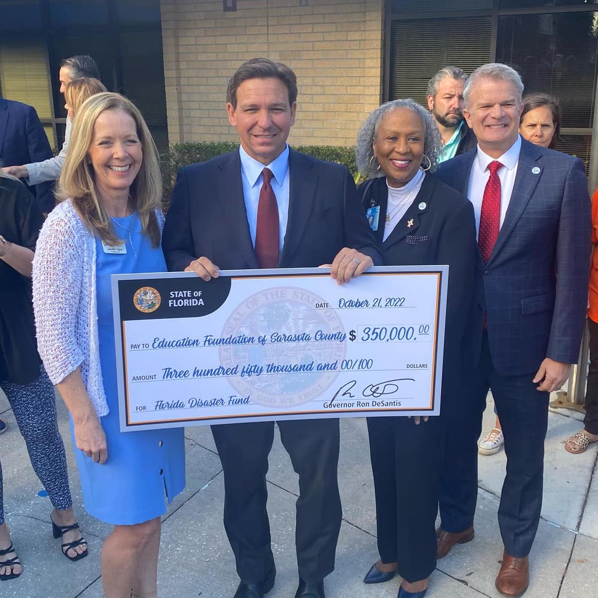 Thanks to <a href="/GovRonDeSantis/">Ron DeSantis</a>, Lady <a href="/CaseyDeSantis/">Casey DeSantis</a>, &amp; The FL Disaster Fund for believing in the work local education foundations do to meet the needs of students, teachers, &amp; schools. W/ $350,000, we will continue supporting Hurricane Ian relief &amp; recovery efforts in <a href="/sarasotaschools/">Sarasota Schools</a>
