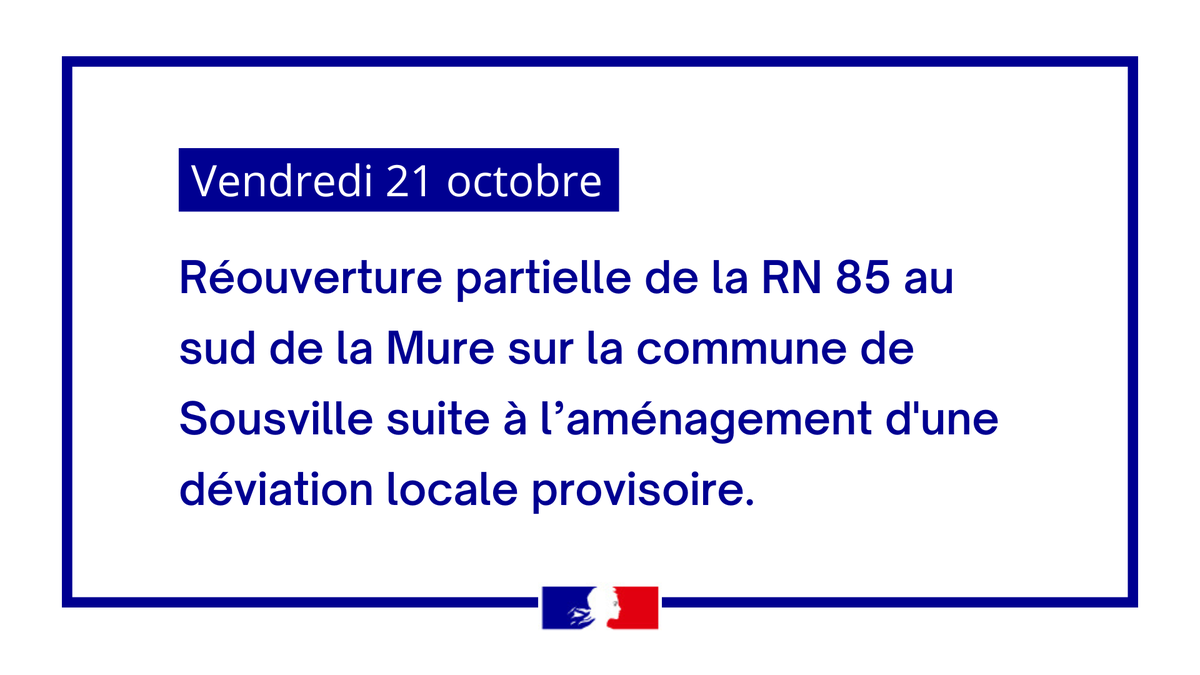 Prefet38's tweet photo. #RN85 | 📢 Réouverture partielle de la RN 85 Pont-Haut #Sousville.
Une déviation locale provisoire de 200m sera utilisée avec :
➡️circulation alternée
➡️vitesse limitée à 30km/h le temps que des travaux soient effectués.
⚠️ Roulez prudemment ! 🚗 https://t.co/hzAri84Ypj