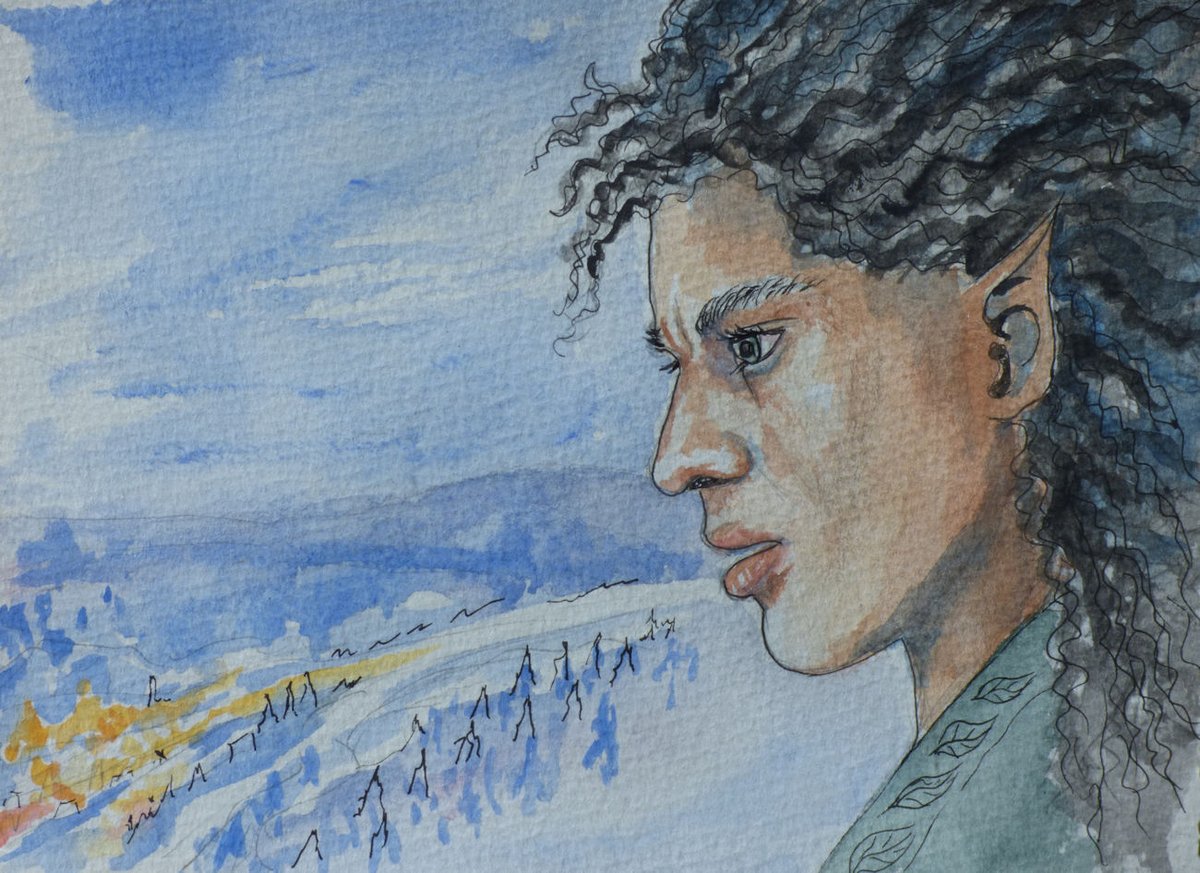 bunnstuff's tweet photo. I painted @IsmaelC_C  as a younger Arondir, in Beleriand near the mouth of the River Sirion, watching with dismay from afar as the Havens were burned by the sons of Fëanor.  I think perhaps Arondir cut his hair later, in mourning for the drowned forests of Beleriand. https://t.co/57EImgeKhl