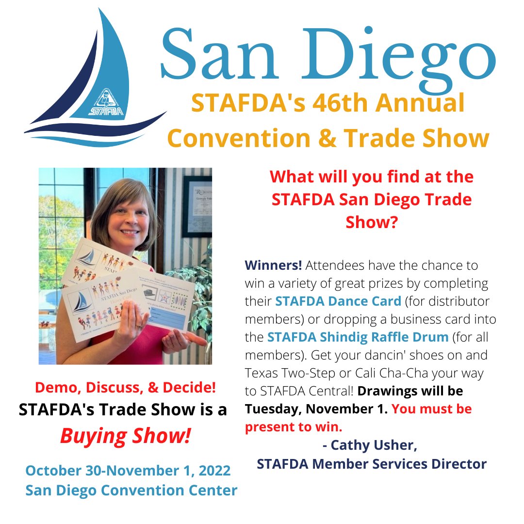 STAFDAHQ's tweet photo. What will you find at STAFDA's San Diego Convention & Trade Show? Winners! Stop by STAFDA Central to drop off your game cards for the chance to win fabulous prizes. #STAFDASanDiego22 #STAFDAHQ https://t.co/igo3POOJF2