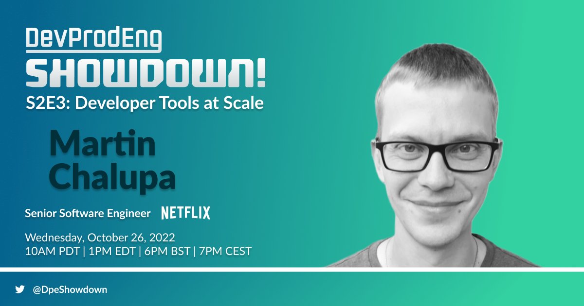 🔧 Introducing DevProdEng Showdown! Contestant Martin Chalupa of <a href="/NetflixEng/">Netflix Engineering</a>

🔥 S2E3: Developer Tools at Scale on 10/26 at 10 a.m. PDT

➡️ Register now - gradle.com/training/devpr…

#DeveloperTools